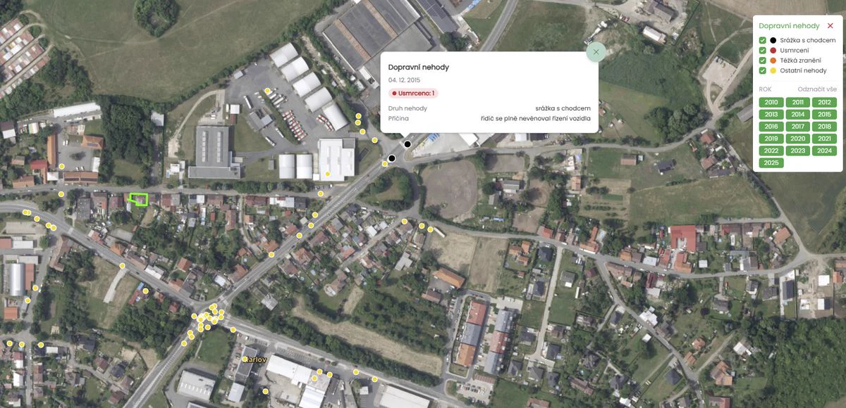 Mapa dopravních nehod a srážek s chodci v aplikaci Pozemkov