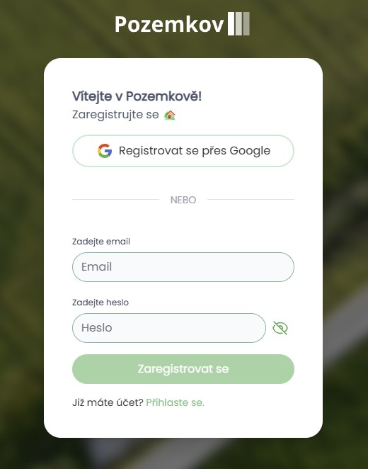 Registrační formulář s volbou Google nebo e-mail