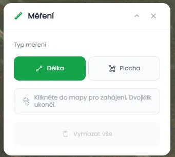 Panel měření s tlačítky Délka / Plocha