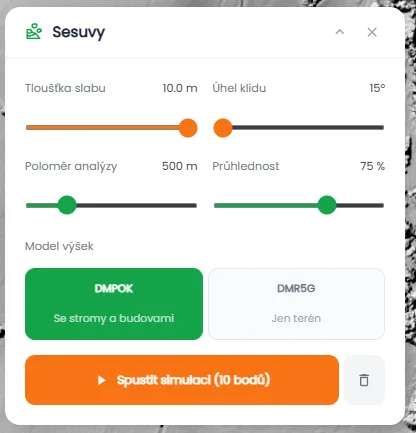 Panel sesuvů s parametry