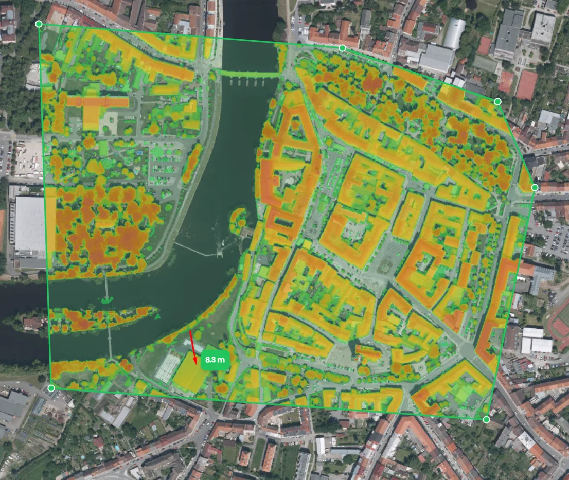 Heatmapa výšky budov a stromů ve zvolené oblasti